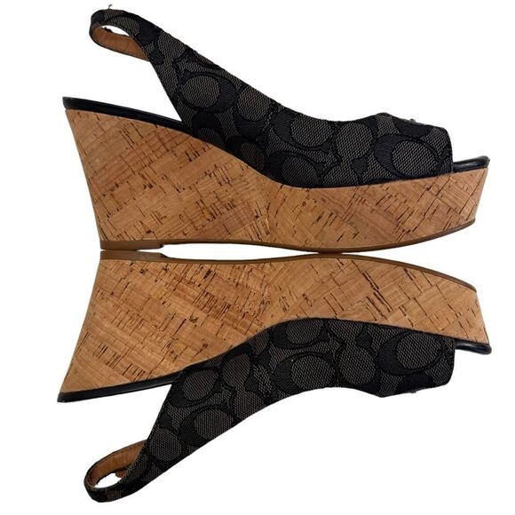 Coach Ferry Wedge Jacquard Monogram Black/Smoke/Black Cork Shoes - Picture 6 of 16